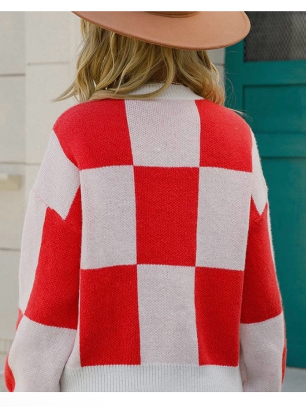 Red and White Checkerboard Knit Sweater - Picture 4 of 6